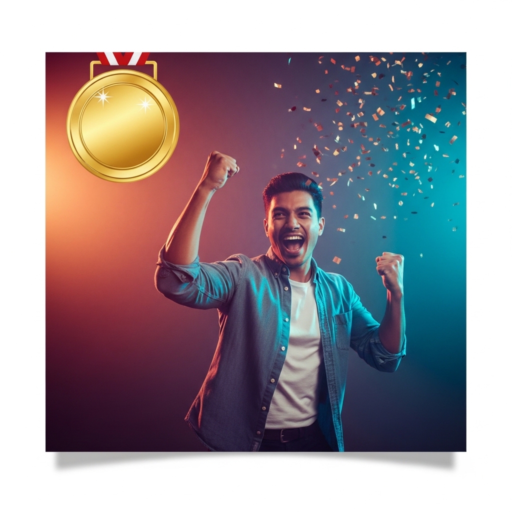 a gold-badge achievement trophy card of a member